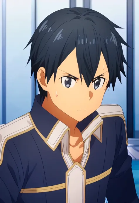 score_9,  <lora:kirito:1> kirito, 1boy, black hair, gloves, jacket, kirito, male focus, solo, sweatdrop, upper body, weapon