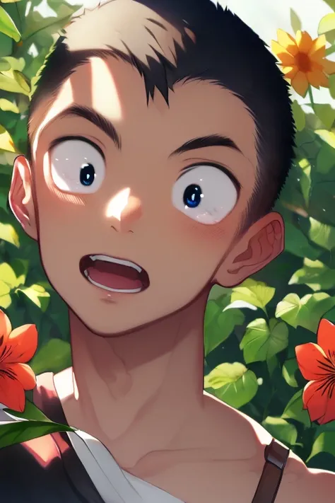 anime artwork, master piece, best quality, BREAK 1boy, solo,
jyunzaburou, detailed hair, transparent hair, looking at viewer, Delicate eyes, beautiful eyes, detailed eyes, upper body hi res, detailed, perfect bow,outdoor, (holding flower:1.3) dutch angle, ...