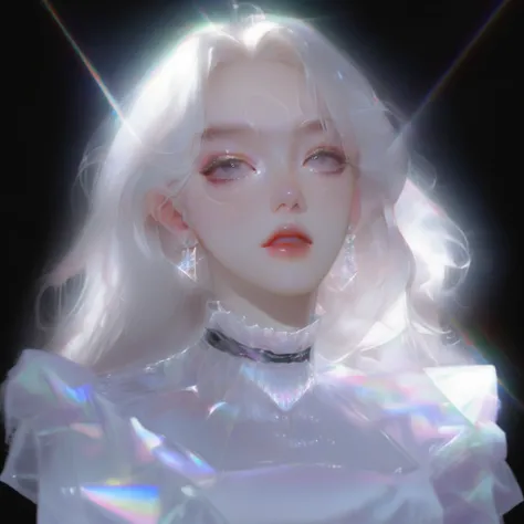 Girl, laugh, wearing laser transparent pvc texture clothing, prism, melancholy expression, beautiful eyes, brilliance, jewelry, portrait, game original painting, anime character concept design, beautiful face, half body