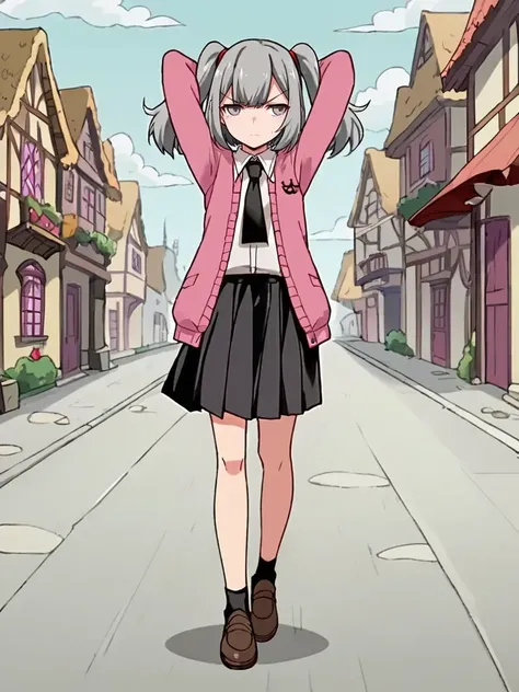 score_9, score_8_up, score_7_up, source_anime, 2D, flat colors, flat shadows, anime_screencap, <lora:marygolandpony:1>,
1girl, meirisenhime, grey hair, twintails, grey eyes, pink cardigan, white shirty, black necktie, black skirt, school uniform,  arms beh...