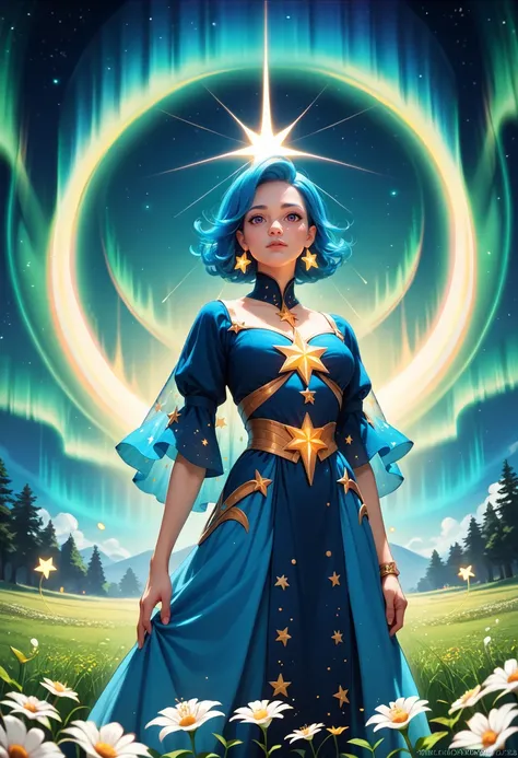 ((score_9), score_8_up, score_7_up), score_6_up, score_4_up, score_5_up, artful dreamy masterpiece, 1girl,  Celestial: A woman with glowing blue hair and star-shaped freckles, eyes sparkling with celestial energy, standing in a field of luminous flowers un...