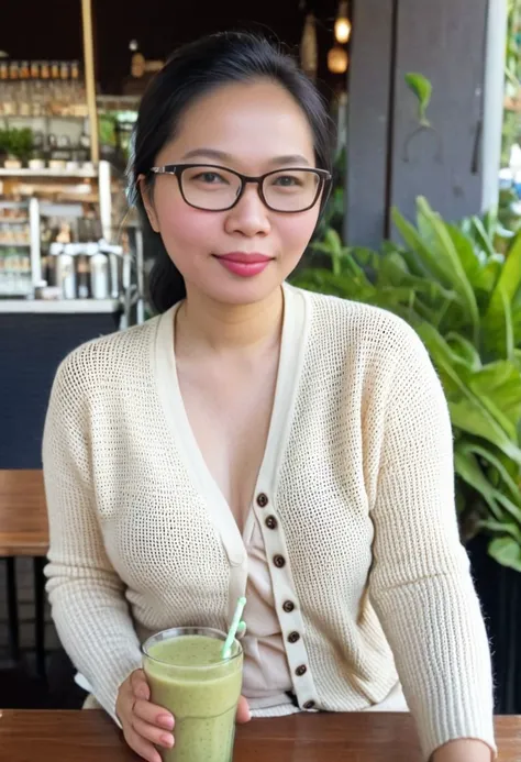 macro, detailed, realism, style, photograph 
38 year old Indonesian woman, wears glasses, very small breasts, pale skin, opposite table in cafe, drinking a smoothie, wearing a button cardigan, open cardigan, breast showing, flirty expression,