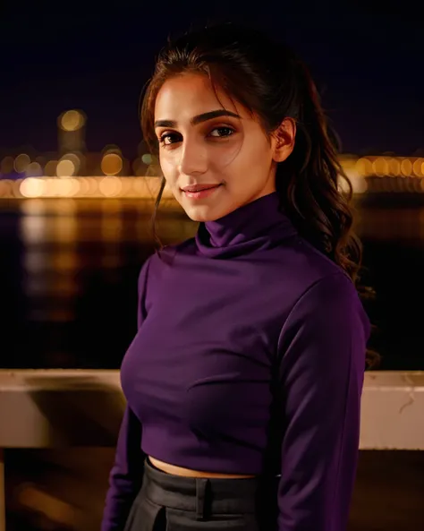 portrait photo of a vdka woman, wearing high-neck Purple clothing, solo, smiling, night time, city lights  in background bokeh    <lora:vdka_Vedika_Pinto_SD15_LoRA_prodigy_local_regs_HNepochs:1>