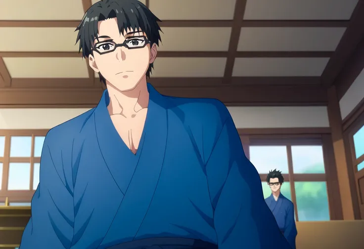 score_9,  <lora:kikuoka_seijirou:1> kikuoka seijirou, 1boy, black eyes, black hair, glasses, indoors, japanese clothes, kikuoka seijirou, kimono, looking at viewer, male focus, solo