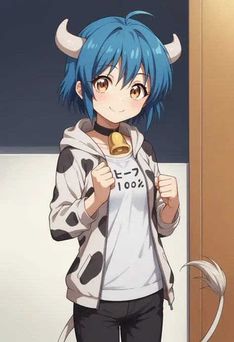 score_9, score_8_up, source_anime, highly detailed, 1girl, solo, slender, skinny, cute,
minos, 1girl, solo, horns, tail, hoodie, pants, cow print, cow tail, blue hair, smile, bell, cow horns, animal print, neck bell, hands raised, clenched fists
outdoor,