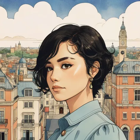 Studio ghibli style illustration of the face of a woman looking at the viewer with a victorian city square in the background, , tyxla, <lora:tyla_juggerX_xl_1_st_wocap-tyxla-000086:1>