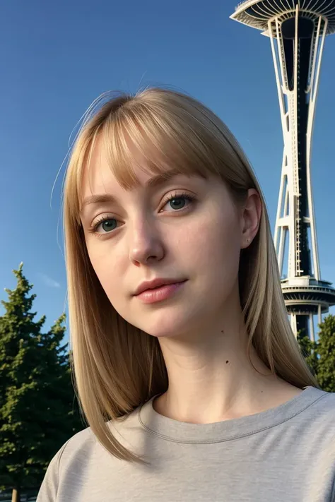 European woman, closeup, (shirt), pants, (seattle space needle), (), ZM_tracy, wide shoulders, perfect face, (contact iris: 1.1), pale skin, skin pores , depth of field