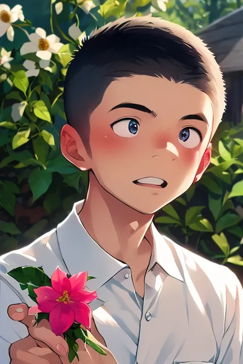 anime artwork, master piece, best quality, BREAK 1boy, solo,
taniguchi, outdoor, (holding flower:1.3)  In the garden, white shirt, clean, ((male short hair)),((boys short hair)), ((very short hair)), black hair, black eyes, 
<lora:taniguchiSD:1.5>