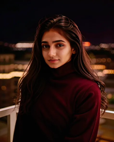 portrait photo of a vdka woman, wearing high-neck Burgundy clothing, solo, serious look, night time, city lights  in background bokeh    <lora:vdka_Vedika_Pinto_SD15_LoRA_prodigy_local_regs_HNepochs:1>