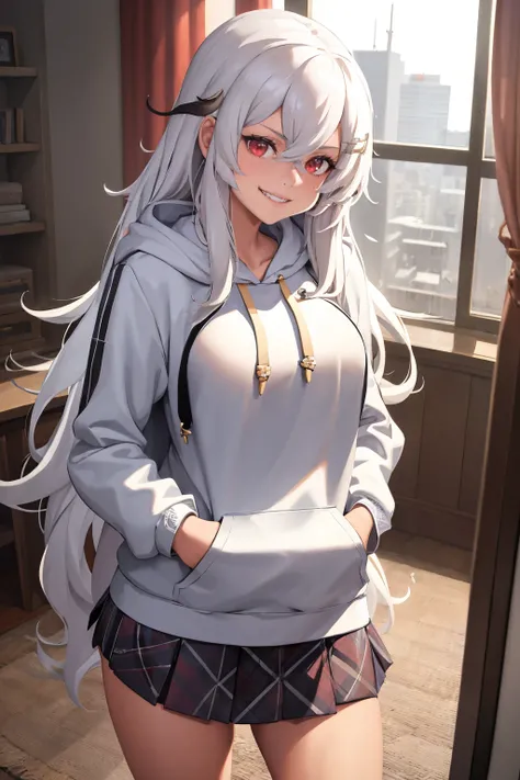 masterpiece, best quality, absurdres, 1girl, solo, Gangut, long hair, indoors, plaid skirt, hoodie, smile, hands in pockets, <lora:CHAR-Gangut:1>