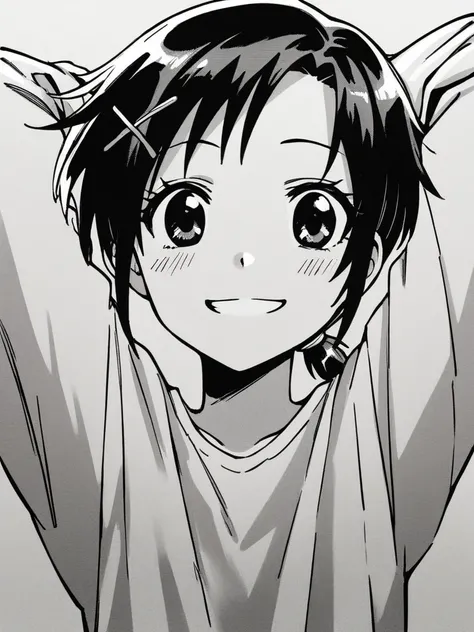 score_9, score_8_up, score_7_up, 
1girl, monochrome, black eyes, black hair, short hair, short ponytail, x hair ornament, 

t-shirt, long sleeves, upper body, face, smile, looking at viewer, arms behind head,