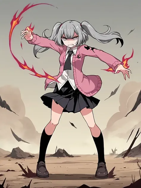 score_9, score_8_up, score_7_up, source_anime, 2D, flat colors, flat shadows, anime_screencap, <lora:marygolandpony:1>,
1girl, solo, meirisenhime, grey hair, twintails, grey eyes, pink cardigan, white shirty, black necktie, black skirt, school uniform,  st...