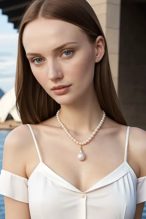 European woman, closeup, (shirt), pants, (sydney opera house), pearl necklace , ZM_stacy, wide shoulders, perfect face, (contact iris: 1.1), pale skin, skin pores , depth of field