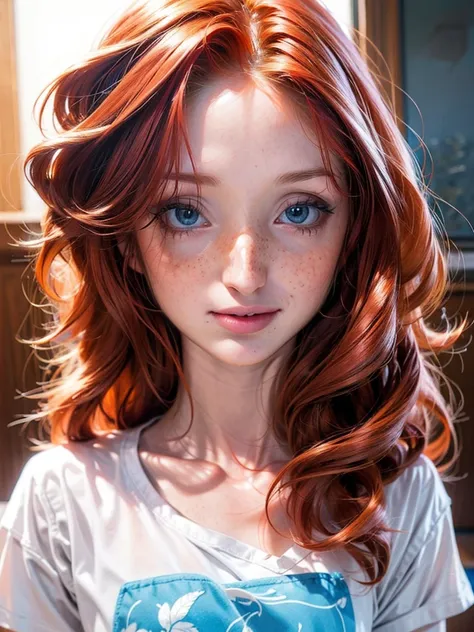 redfox,redhead, female,natural  hair,eyes squinted,blue eyes,pale skin,(a beautiful  european woman),(relaxed face),upper body view showing her face ,Photograph of (view from front:1),(Deep Focus),silhouette,an analog photo,contrast,spotlight,warm colors,d...