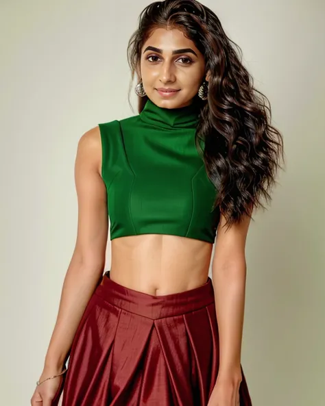 portrait photo of a vdka:0.8 woman, wearing intricate high-neck red and green ghagra choli, solo, smiling, nose piercing, plain white background bokeh <lora:vdka_Vedika_Pinto_SD15_LoRA_prodigy_local_regs_HNepochs:1>