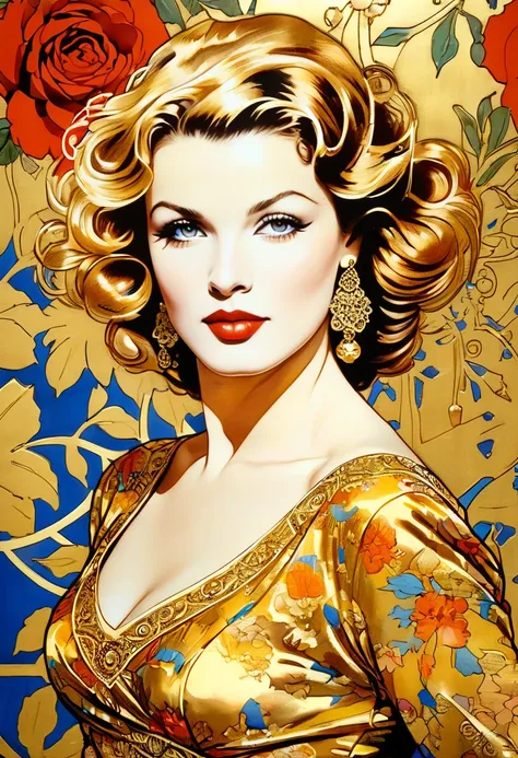 <lora:senta_xl_v4-000020:0.99>,a closeup portrait of a woman 53nt4,elegant floral silk,luxury detail in gold foil,intricate dress,Art by Milo Manara,redm lips,highly detailed,complementary colors,hyper detailed. dynamic pose,sharp focus,studio photo,intric...