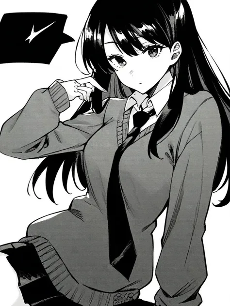 score_9, score_8_up, score_7_up, 
1girl, monochrome, white eyes, black hair, long hair,

medium breasts, looking at viewer,

sweater, school uniform, long sleeves, necktie, skirt, pleated skirt, white background,