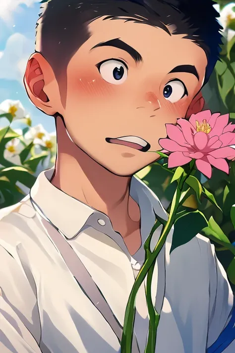 anime artwork, master piece, best quality, BREAK 1boy, solo,
taniguchi, outdoor, (holding flower:1.3)  In the garden, white shirt, clean, ((male short hair)),((boys short hair)), ((very short hair)), black hair, black eyes, 
<lora:taniguchiSD:1.5>