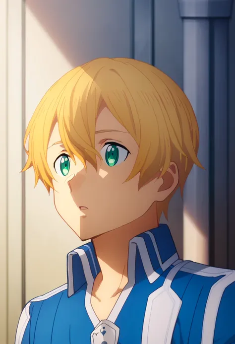 score_9,  <lora:eugeo:1> eugeo, 1boy, bangs, blonde hair, blue jacket, blue pants, blue shirt, eugeo, green eyes, hair between eyes, male focus, parted lips, solo, upper body