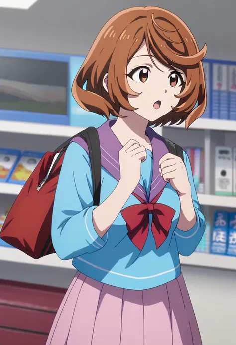 score_9,  <lora:Rei_Saiga:1> rei saiga, 1girl, bag, bangs, blue shirt, bow, brown eyes, brown hair, indoors, open mouth, red bow, rei saiga, sailor collar, serafuku, short hair, solo, swept bangs