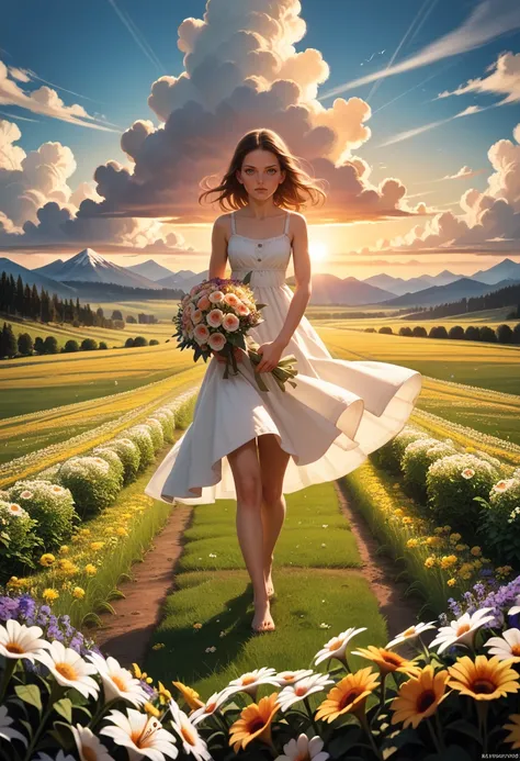 ((score_9), score_8_up, score_7_up), score_6_up, score_4_up, score_5_up, artful dreamy masterpiece, 1girl, closeup, sundress, field of flowers, mountainous landscape, holding bouquet of flowers, clouds, sunset, action-packet, dynamic pose, walking towards ...