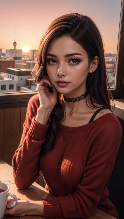 1 young cute iranian girl,very slim,skinny,redhead,rouge,red neck lace choker,cateyes makeup,colorful,oversize knit jumper,softcore,warm lighting,cosy atmosphere,Instagram style,red theme,upper body shot,(cinematic, black and red:0.85),(sunset beautiful ba...