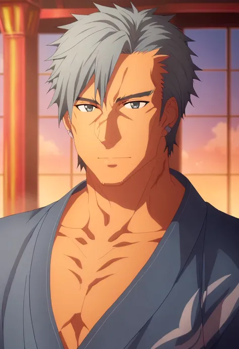 score_9,   <lora:Bercouli_Synthesis_One:1> bercouli synthesis one, 1boy, bercouli synthesis one, earrings, grey eyes, grey hair, japanese clothes, jewelry, male focus, pectoral cleavage, portrait, scar, short hair, solo, sunset