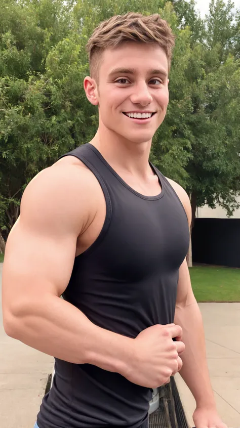 (face focus). (masculine:1.3), large strong physique:1.0, at outdoor sunny park, (athletic man wearing tight tank top:1.2), sexy pose:1.0, styled hair, confident, handsome, (((masterpiece))), (((best quality))), (hands on waist), male, athletic, looking at...