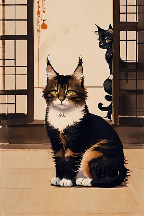 masterpiece,best quality,<lora:tbh170-:0.9>,illustration,style of Qi_Baishi, cute Mainecoon cat and Abyssinian cat