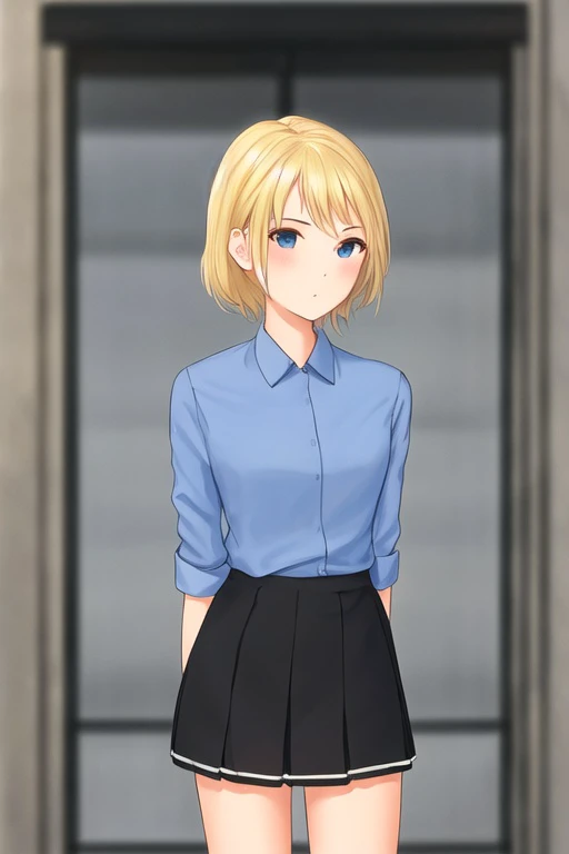 1girl
, looking at viewer
, blue shirt, collared shirt, miniskirt
, blurry background
, blonde hair
, hand behind back
 <lora:miura17-000080:1>