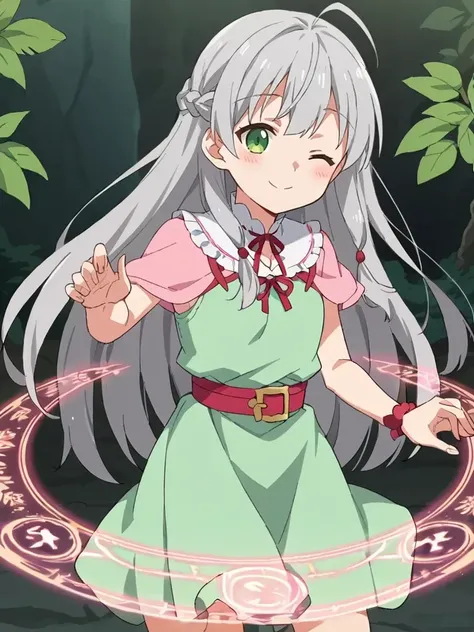 score_9, score_8_up, score_7_up, source_anime, 2D, flat colors, flat shadows, anime_screencap, <lora:lalabidunpony:0.8>,
1girl, solo, ciellalanciel, grey hair, long hair, hair down, green eyes, braids,pink robe, witch, magic circle, outdoors, wink, smile, ...