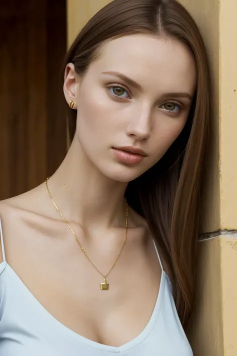 European woman, closeup, (shirt), pants, (favela houses), gold necklace , ZM_stacy, wide shoulders, perfect face, (contact iris: 1.1), pale skin, skin pores , depth of field