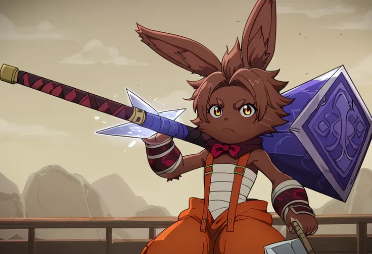 score_9,  <lora:Bilac:1> bilac, 1girl, animal ears, bilac, brown hair, closed mouth, hammer, rabbit ears, sarashi, solo, sword