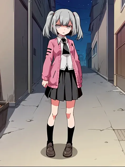 score_9, score_8_up, score_7_up, source_anime, 2D, flat colors, flat shadows, anime_screencap, <lora:marygolandpony:1>,
1girl, solo, meirisenhime, grey hair, twintails, grey eyes, pink cardigan, white shirty, black necktie, black skirt, school uniform, sho...