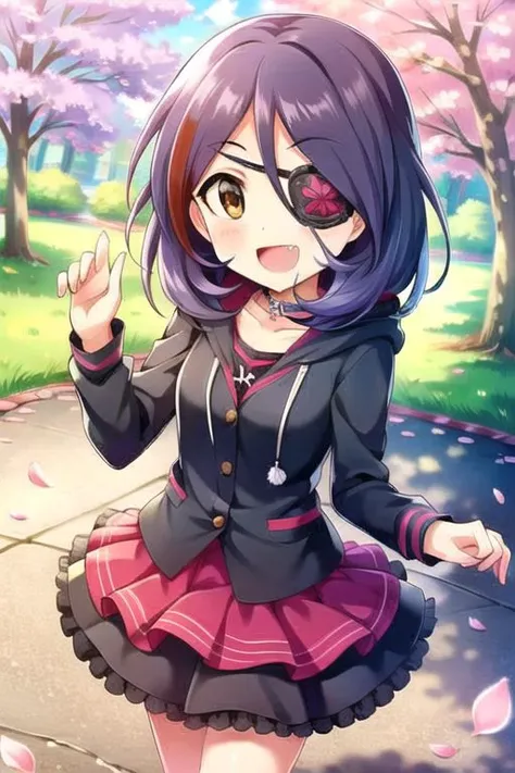 (masterpiece),hayasaka mirei, short hair, purple hair, brown eyes, eyepatch, 1girl, fang, solo, cherry blossoms, open mouth, petals, hood, smile, skirt, chain