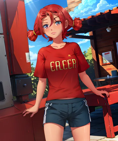 ELS style, a red-haired girl in a red shirt and blue shorts, best quality, masterpiece