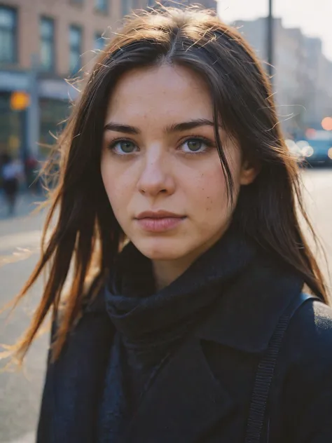 photography, city street, closeup portrait photo of young woman in dark clothes, sunny, daylight, fog, Fujifilm XT3, Canon R5, Fujicolor Fujichrome Velvia 100