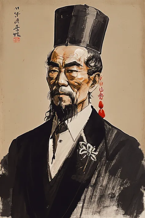 masterpiece,best quality,<lora:tbh170-:0.9>,illustration,style of Qi_Baishi, portrait of noble man