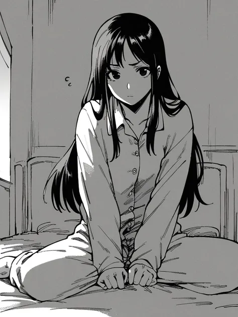 score_9, score_8_up, score_7_up, 
1girl, monochrome, black eyes, black hair, long hair, sitting on bed, pajamas, looking at viewer, confused, bedroom,