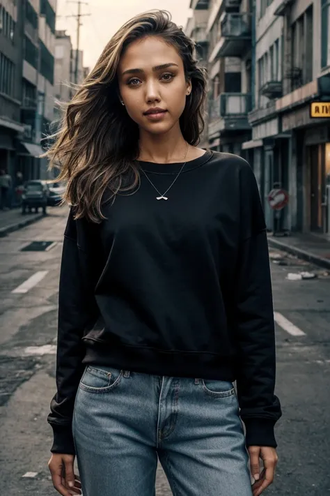 photo of J3ss1c4Alb4_HM-140, a woman, perfect hair, (modern photo), wearing baggy sweatshirt and jeans, 135mm short telephoto, (analog, cinematic, film grain:1.3), Dystopian Slums, Gritty urban setting with rundown buildings, neon lights, scavengers, and s...