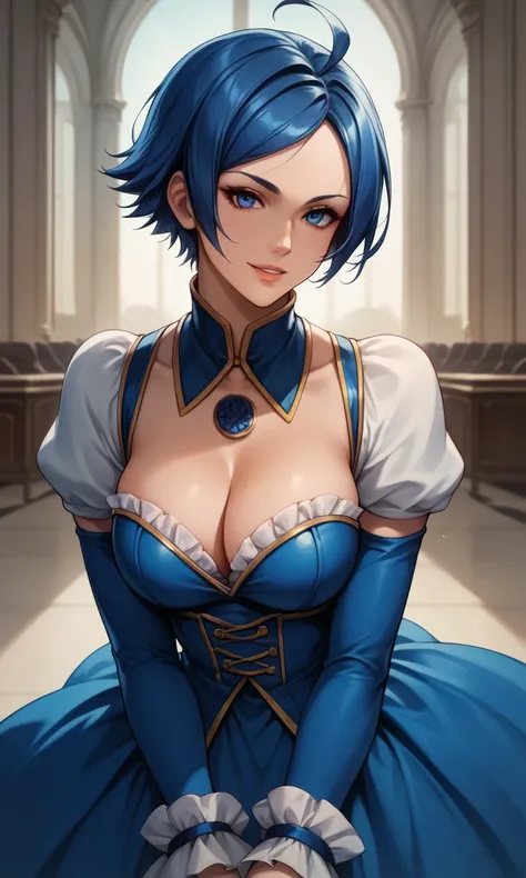 score_9, score_8_up, score_7_up, score_6_up, source_anime, BREAK masterpiece,  ElizabethXI, blue eyes, blue hair, ahoge, cleavage, blue dress, ballroom, frills, jewelry, bridal gauntlets,  1girl, best quality, looking at viewer, smile, parted lips, 