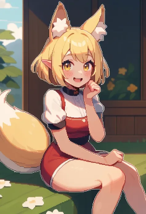 masterpiece,best quality,very aesthetic,absurdres,<lora:pixel_art_v2:1>,1girl,animal_ears,blonde_hair,blush,fox_ears,fox_tail,highres,kudamaki_tsukasa,looking_at_viewer,open_mouth,pixel_art,short_hair,short_sleeves,smile,solo,tail,yellow_eyes,