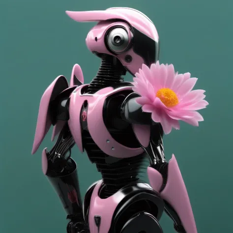 humanoid robot, helmet, pink flower, shoulder armor, water, whiskers, angel wings, black hair, backpack, bone