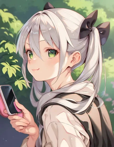 score_9, score_8_up, score_7_up, score_6_up, a girl, silver hair, hair between eyes, twintails, green eyes, from side, watching her cellphone, holding phone, in a park, hair bow, smug
<lora:kink_style_pony6_v2-000038:1>