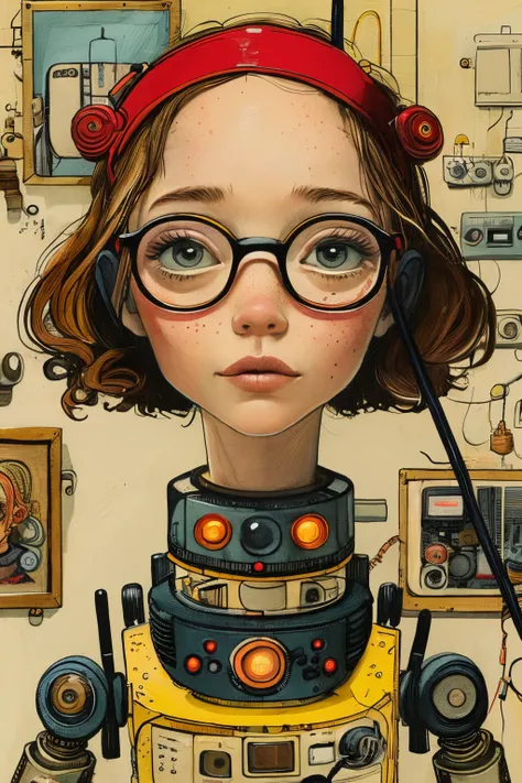 masterpiece,best quality,<lora:tbh175-:0.9>,illustration,style of Lynda Barry, portrait of Housework robots