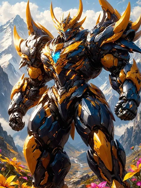 Super realistic,photography,cinematic lighting,A robot wearing heavy armor stood at the top of a mountain,with colorful wildflowers blooming at its feet,the dragon mech had an armor of teeth and claws,the armor was sharp enough to keep people away,highly s...