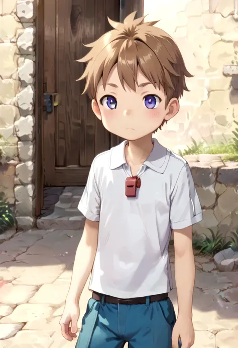 score_9, score_8_up, score_7_up, detailed eyes, BREAK
straight on shot, standing,
 <lora:natPony-000016:0.7>mia_nat, petite, aged down, child,
one boy standing in a stone village.
He has Brown hair and purple eyes.
He wears a red whistle as a pendand aroun...