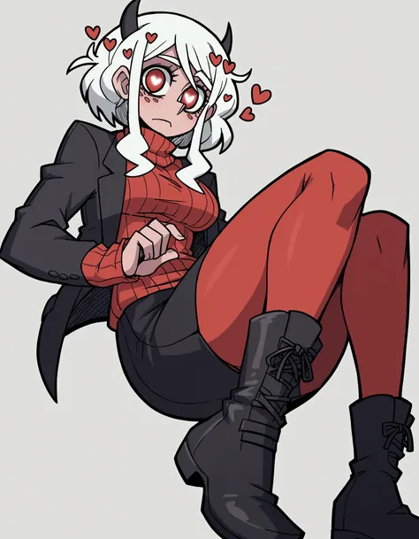 zPDXL, score_9, score_8_up, score_7_up, source_anime, 8k, absurdres, 
1girl, solo,  <lora:Vanitaker:0.8> vanitaker, modeus (helltaker), red leggings, black jacket, black skirt, pencil skirt, black boots, red sweater, turtleneck, sweater under jacket, white...