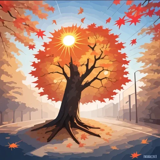 tree, autumn, falling leaves, sun, blind colors, flat colors, vector