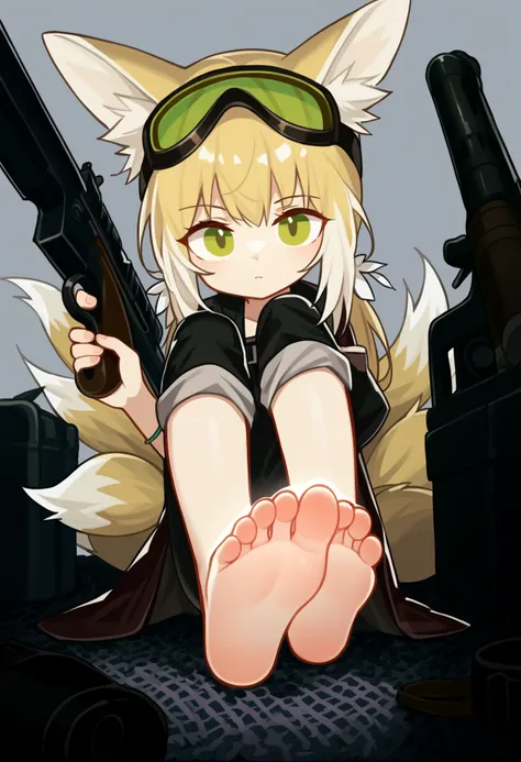 score_9, uncensored, source_anime
BREAK
suzuran (arknights), 1girl, solo, long hair, looking at viewer, blonde hair, holding, animal ears, closed mouth, sitting, green eyes, tail, weapon, barefoot, solo focus, pants, official alternate costume, holding wea...